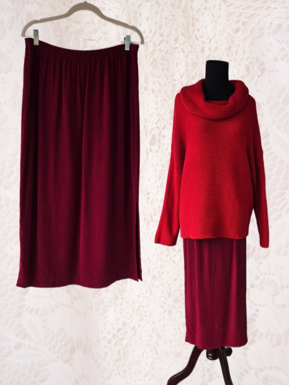 Vintage 90s Style Burgundy Red Skirt Classic Chic Boho Officewear